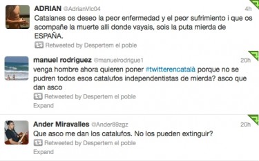 Tuits anticatalans recollits per Apuntem.cat amb l'etiqueta #twitterencatalà