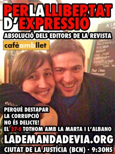 Cartell en suport de l'Albano i la Marta, editors de la revista Cafè amb Llet.